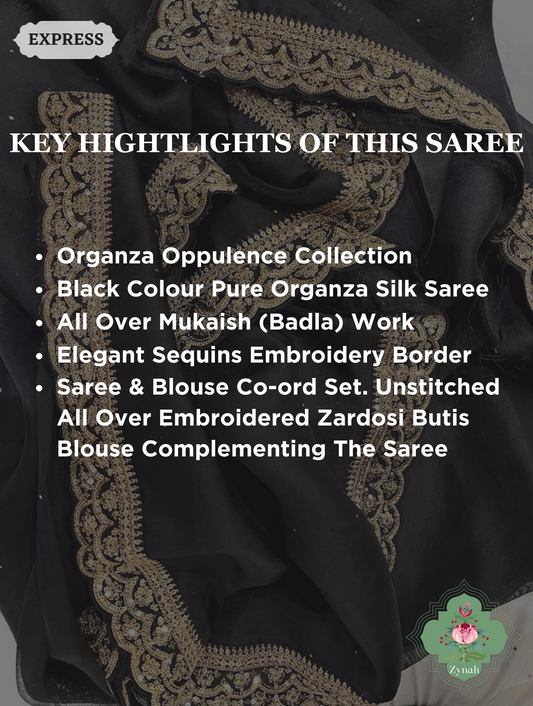 Black Pure Organza Silk Saree With All Over Mukaish Work & Sequins Embroidered Border