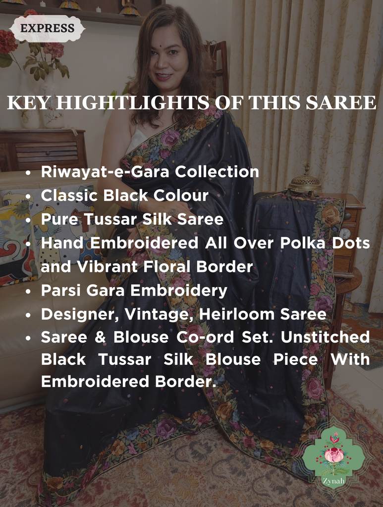 Black Pure Tussar Silk Hand Embroidered Parsi Gara Saree 02