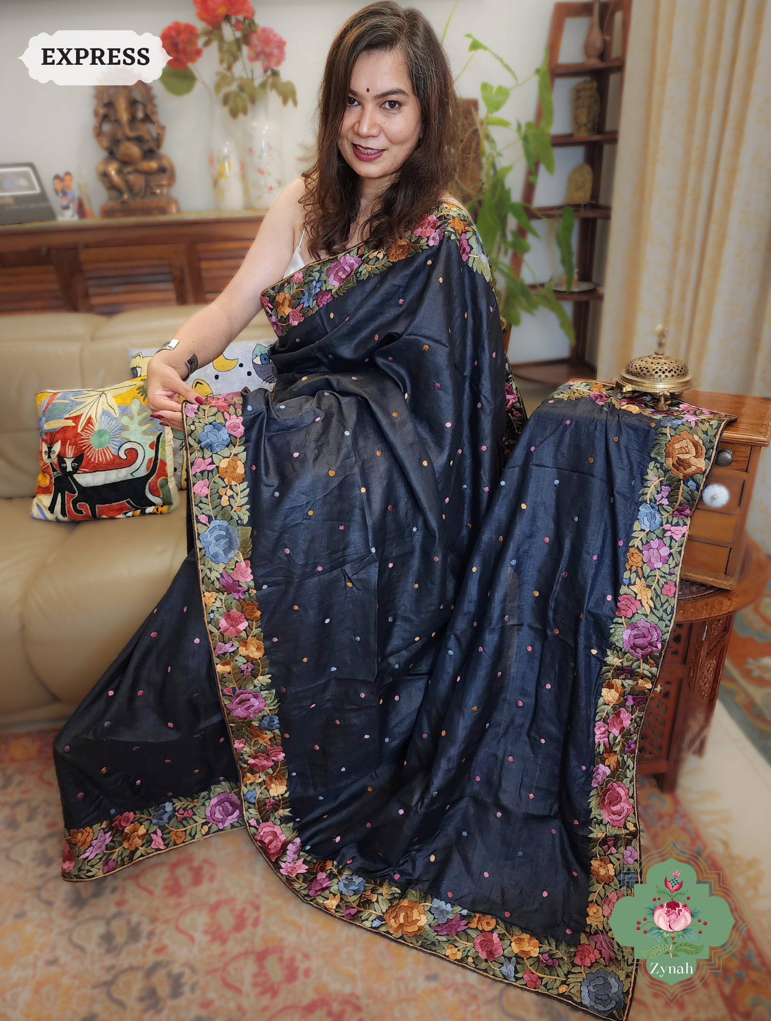 Black Pure Tussar Silk Hand Embroidered Parsi Gara Saree 04