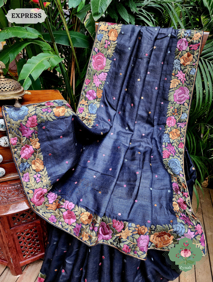 Black Pure Tussar Silk Hand Embroidered Parsi Gara Saree 06