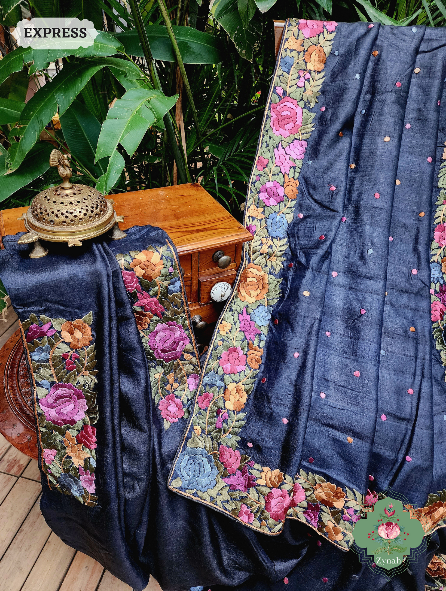 Black Pure Tussar Silk Hand Embroidered Parsi Gara Saree 07