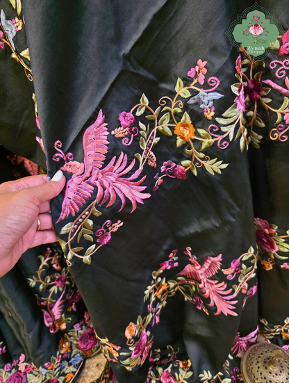 Zynah Noir-e-Gara – Black Soft Tussar Silk Saree inspired by the Elegance of Parsi Gara
