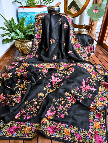 Zynah Noir-e-Gara – Black Soft Tussar Silk Saree inspired by the Elegance of Parsi Gara