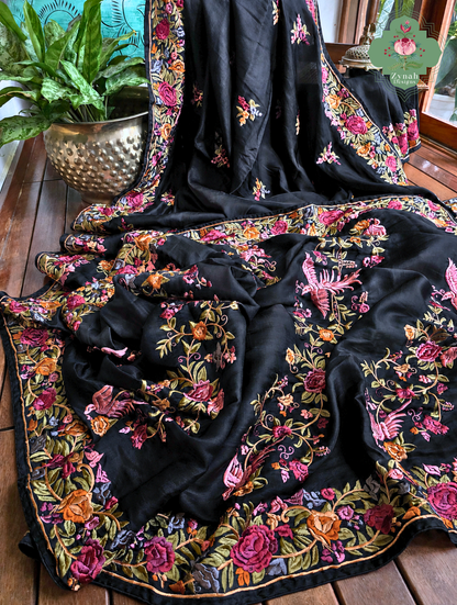 Zynah Noir-e-Gara – Black Soft Tussar Silk Saree inspired by the Elegance of Parsi Gara