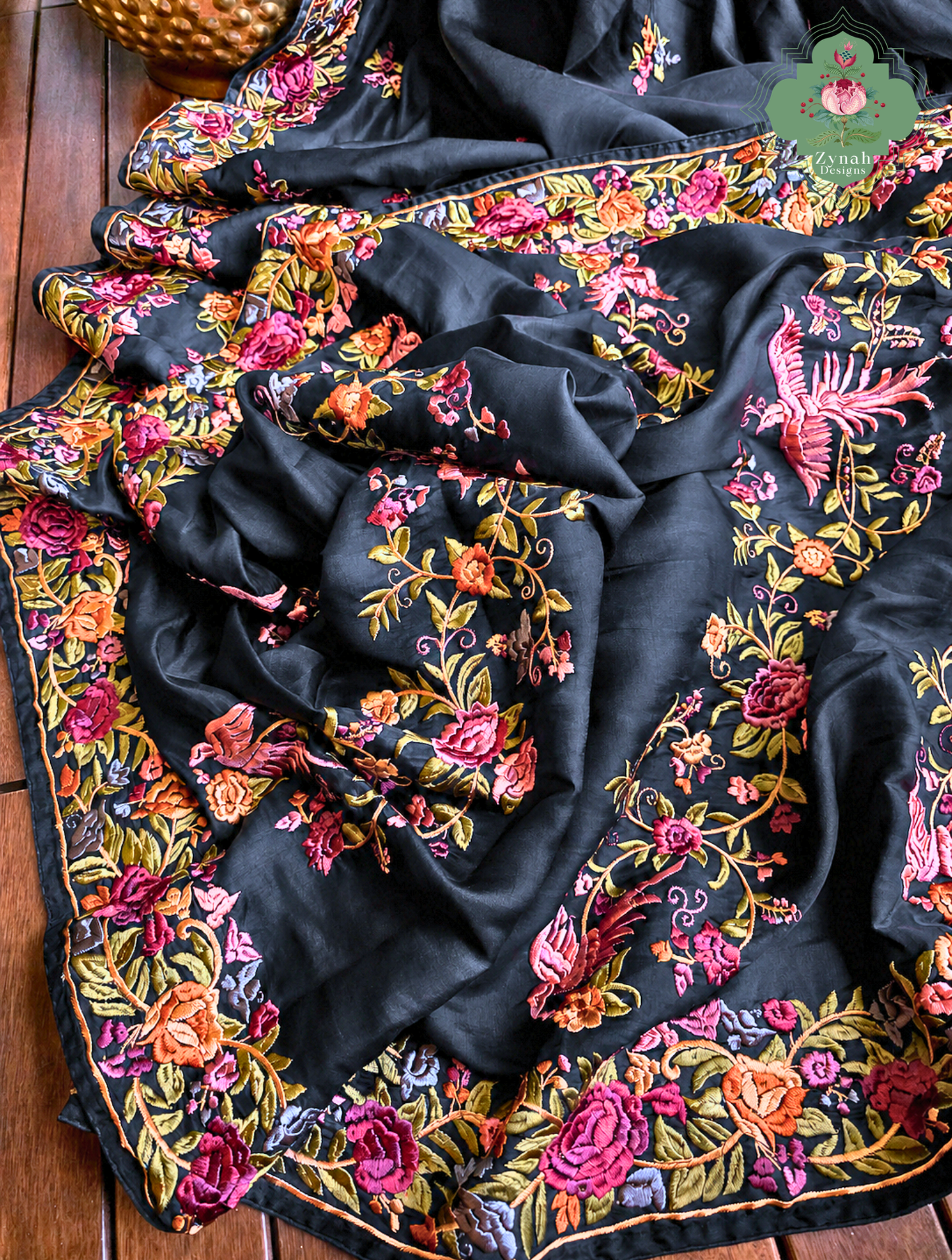 Zynah Noir-e-Gara – Black Soft Tussar Silk Saree inspired by the Elegance of Parsi Gara
