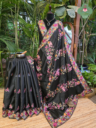 Zynah Black Soft Tussar Silk Saree With Parsi Gara Inspired Embroidery; Custom Stitched/Ready-made Blouse, Fall, Petticoat; SKU: 2506202601