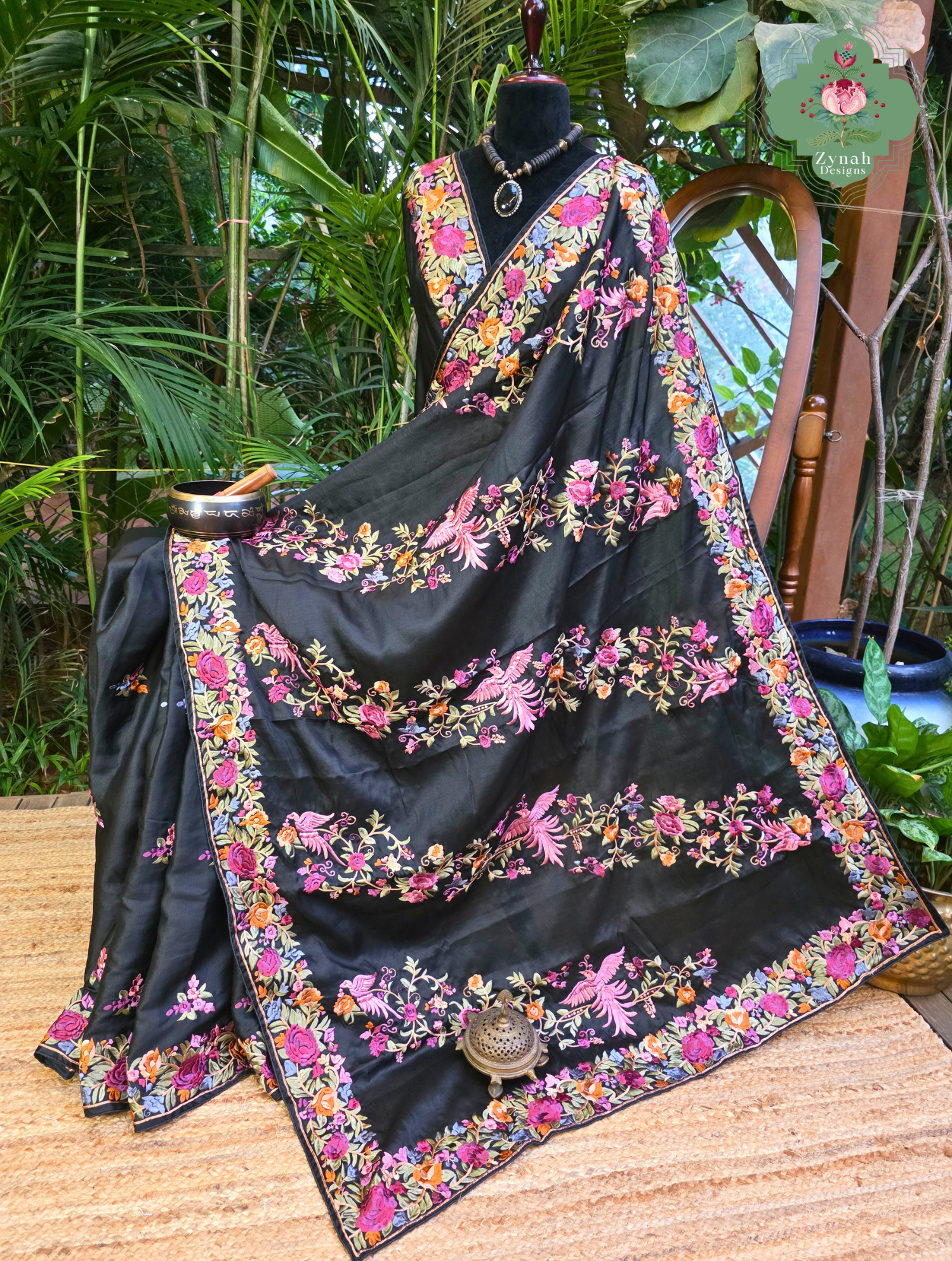 Zynah Black Soft Tussar Silk Saree With Parsi Gara Inspired Embroidery; Custom Stitched/Ready-made Blouse, Fall, Petticoat; SKU: 2506202601