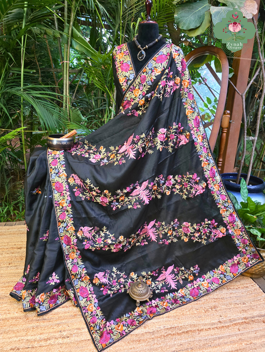 Zynah Noir-e-Gara – Black Soft Tussar Silk Saree inspired by the Elegance of Parsi Gara