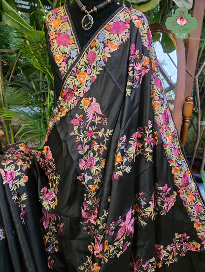 Zynah Noir-e-Gara – Black Soft Tussar Silk Saree inspired by the Elegance of Parsi Gara