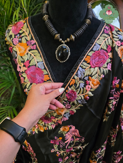 Zynah Noir-e-Gara – Black Soft Tussar Silk Saree inspired by the Elegance of Parsi Gara