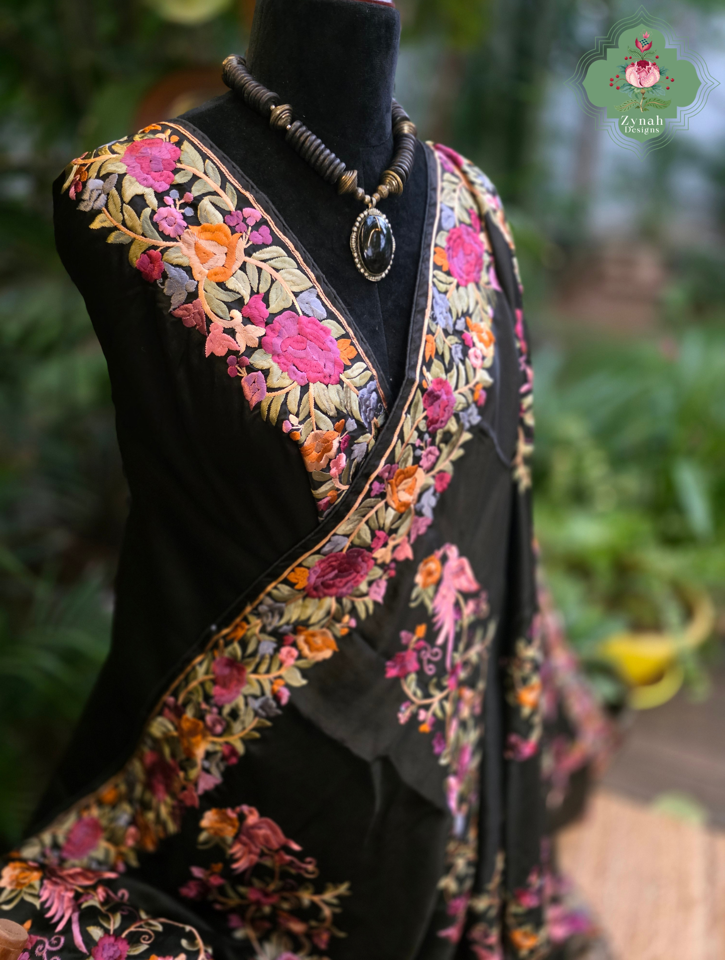 Zynah Noir-e-Gara – Black Soft Tussar Silk Saree inspired by the Elegance of Parsi Gara