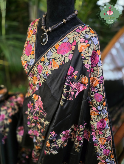 Zynah Noir-e-Gara – Black Soft Tussar Silk Saree inspired by the Elegance of Parsi Gara