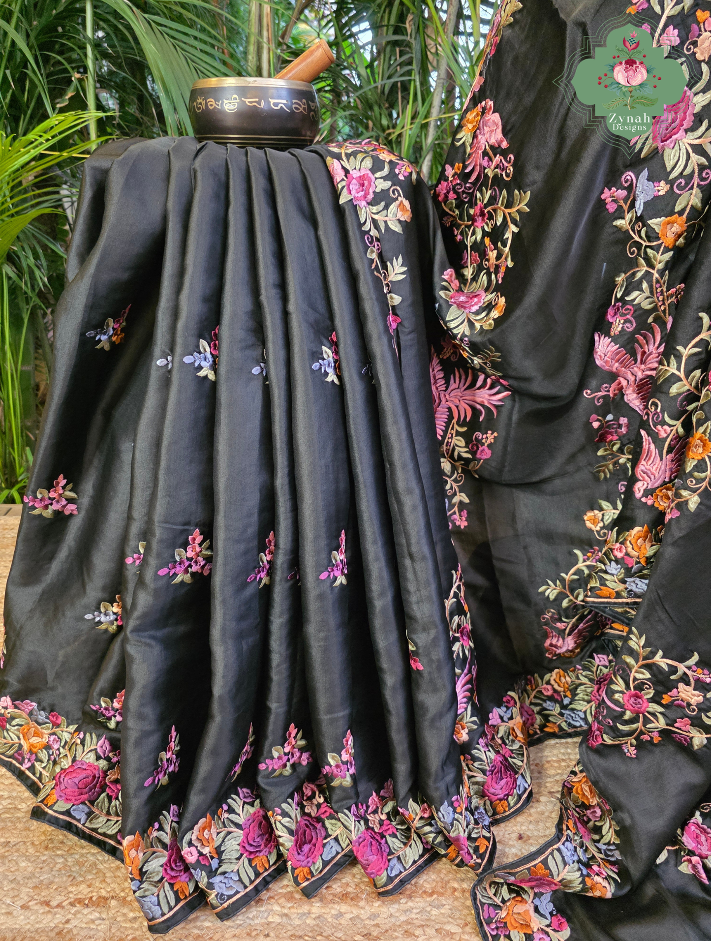 Zynah Noir-e-Gara – Black Soft Tussar Silk Saree inspired by the Elegance of Parsi Gara