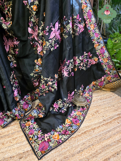 Zynah Noir-e-Gara – Black Soft Tussar Silk Saree inspired by the Elegance of Parsi Gara