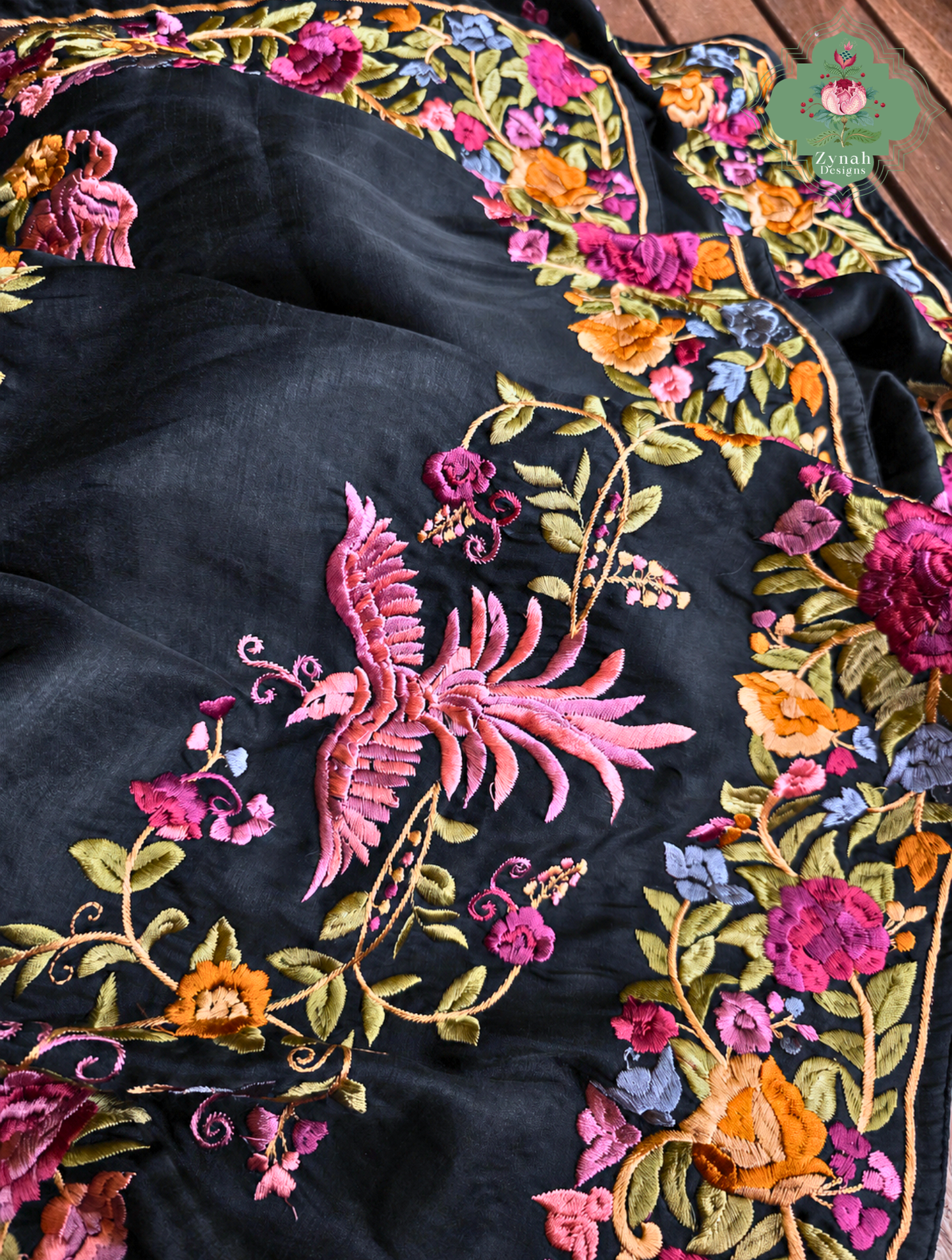 Zynah Noir-e-Gara – Black Soft Tussar Silk Saree inspired by the Elegance of Parsi Gara