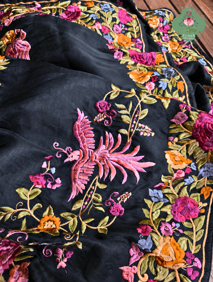 Zynah Noir-e-Gara – Black Soft Tussar Silk Saree inspired by the Elegance of Parsi Gara