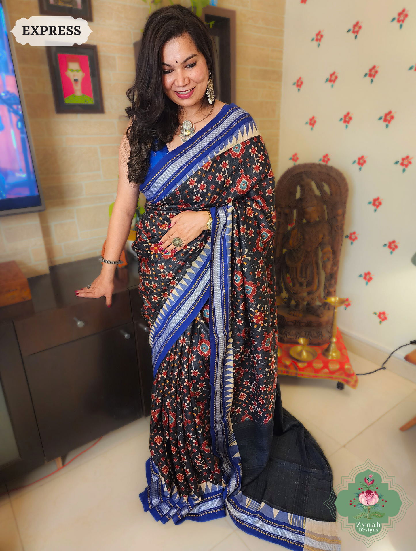 Zynah Black & Blue Patola Print Pure Tussar Silk Vidarbha Saree With Karvati Kinaar Border; Custom Stitched/Ready-made Blouse, Fall, Petticoat; SKU: 1909202401