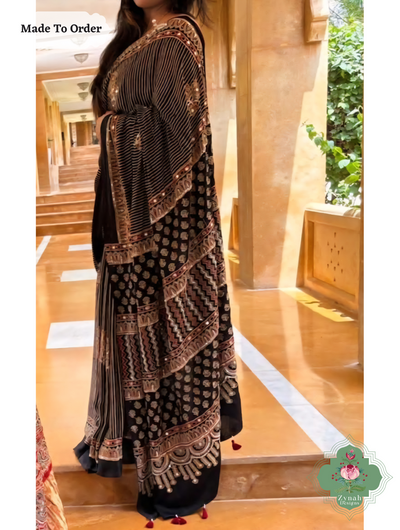 Zynah Made To Order Black & Brown Ajrakh Modal Silk Saree With Hand Embellishments; Custom Stitched/Ready-made Blouse, Fall, Petticoat; SKU:1909202502