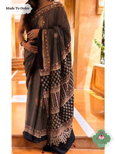 Zynah Made To Order Black & Brown Ajrakh Modal Silk Saree With Hand Embellishments; Custom Stitched/Ready-made Blouse, Fall, Petticoat; SKU:1909202502