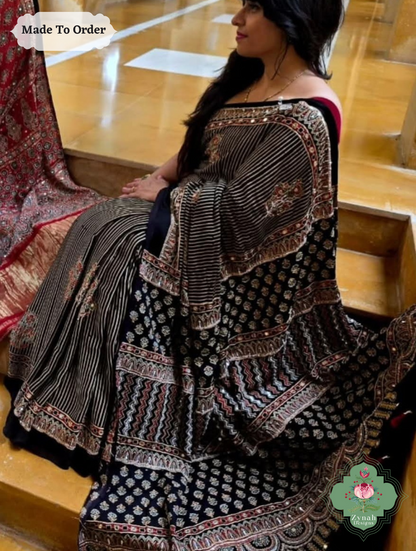 Zynah Made To Order Black & Brown Ajrakh Modal Silk Saree With Hand Embellishments; Custom Stitched/Ready-made Blouse, Fall, Petticoat; SKU:1909202502