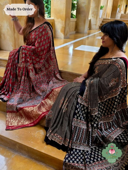 Zynah Made To Order Black & Brown Ajrakh Modal Silk Saree With Hand Embellishments; Custom Stitched/Ready-made Blouse, Fall, Petticoat; SKU:1909202502