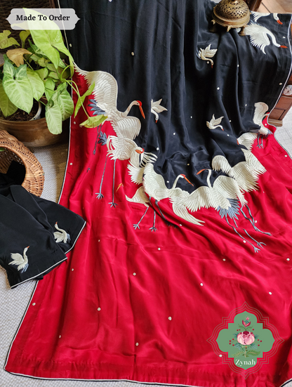 Zynah Made To Order Black & Cherry Red Pure Crepe Silk Parsi Gara Saree With Designer Motifs of Cranes & Swans; Custom Stitched/Ready-made Blouse, Fall, Petticoat; SKU: 2505202303