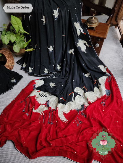 Zynah Made To Order Black & Cherry Red Pure Crepe Silk Parsi Gara Saree With Designer Motifs of Cranes & Swans; Custom Stitched/Ready-made Blouse, Fall, Petticoat; SKU: 2505202303