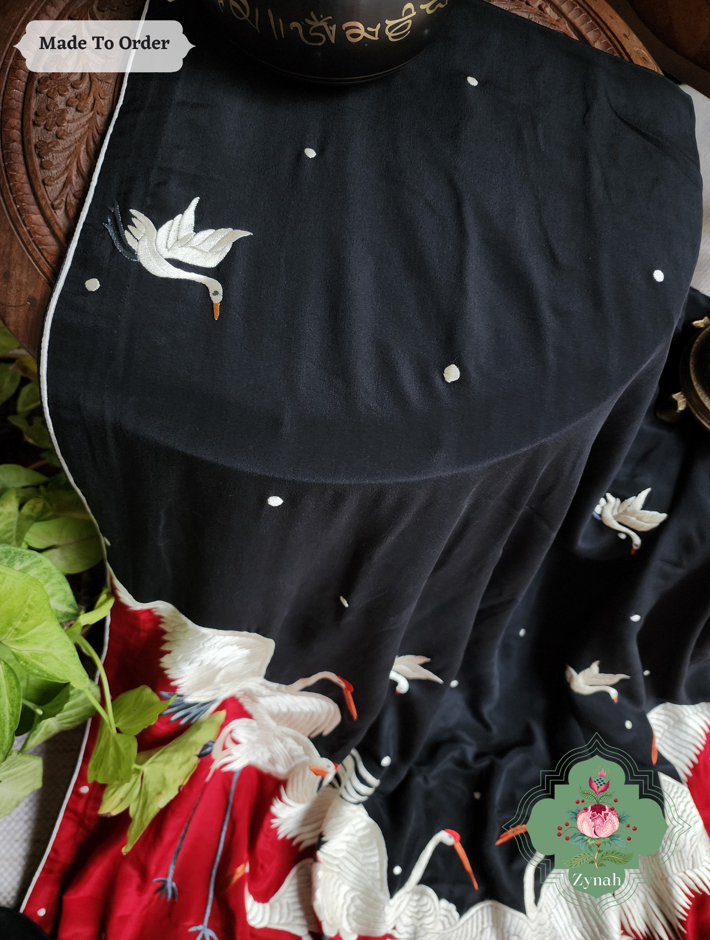 Zynah Made To Order Black & Cherry Red Pure Crepe Silk Parsi Gara Saree With Designer Motifs of Cranes & Swans; Custom Stitched/Ready-made Blouse, Fall, Petticoat; SKU: 2505202303