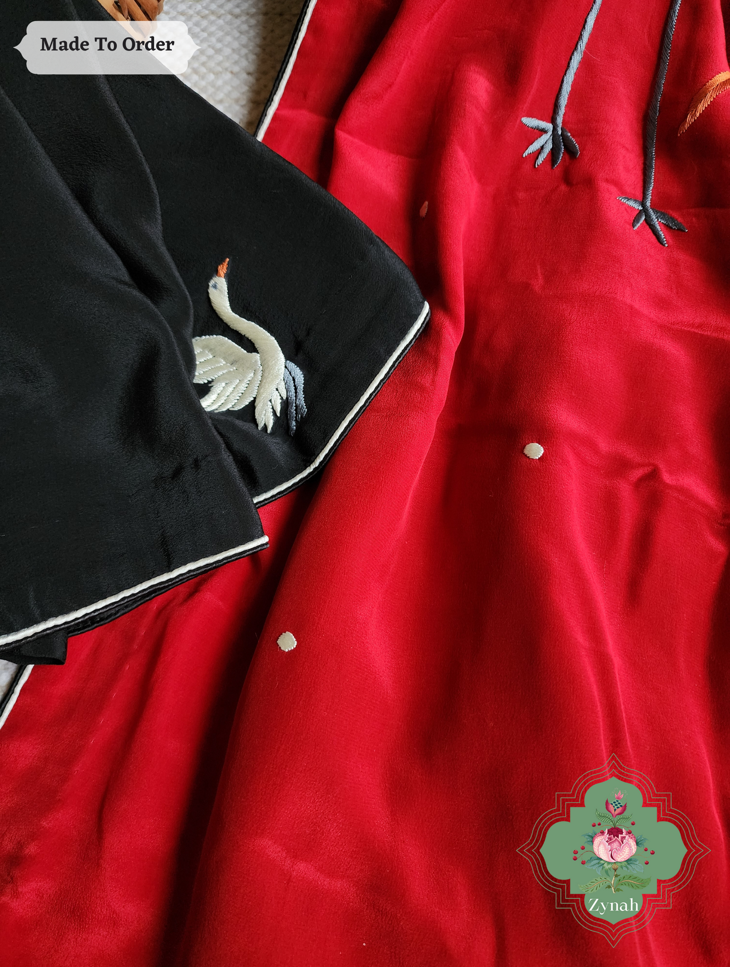 Zynah Made To Order Black & Cherry Red Pure Crepe Silk Parsi Gara Saree With Designer Motifs of Cranes & Swans; Custom Stitched/Ready-made Blouse, Fall, Petticoat; SKU: 2505202303
