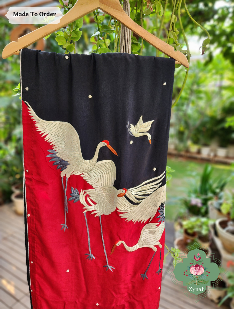 Zynah Made To Order Black & Cherry Red Pure Crepe Silk Parsi Gara Saree With Designer Motifs of Cranes & Swans; Custom Stitched/Ready-made Blouse, Fall, Petticoat; SKU: 2505202303