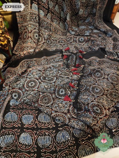 Zynah Black & Indigo Hand-Block Printed Georgette Silk Ajrakh Saree with Sequins Highlight; Custom Stitched/Ready-made Blouse, Fall, Petticoat; SKU: 1004202501