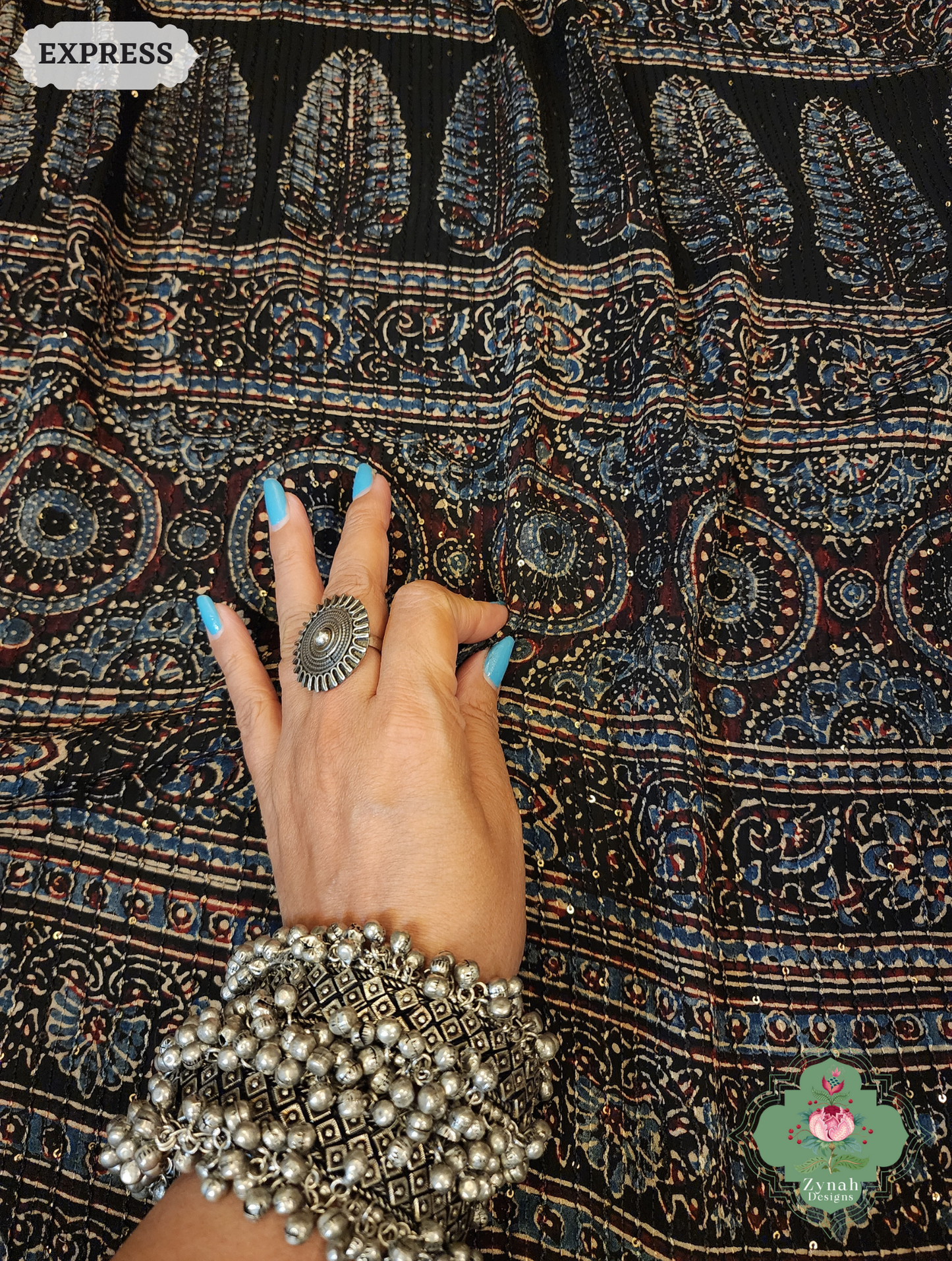 Zynah Black & Indigo Hand-Block Printed Georgette Silk Ajrakh Saree with Sequins Highlight; Custom Stitched/Ready-made Blouse, Fall, Petticoat; SKU: 1004202501