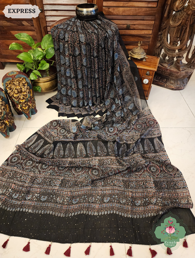 Zynah Black & Indigo Hand-Block Printed Georgette Silk Ajrakh Saree with Sequins Highlight; Custom Stitched/Ready-made Blouse, Fall, Petticoat; SKU: 1004202501