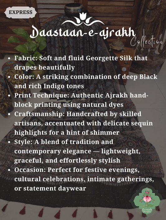 Zynah Black & Indigo Hand-Block Printed Georgette Silk Ajrakh Saree with Sequins Highlight; Custom Stitched/Ready-made Blouse, Fall, Petticoat; SKU: 1004202501