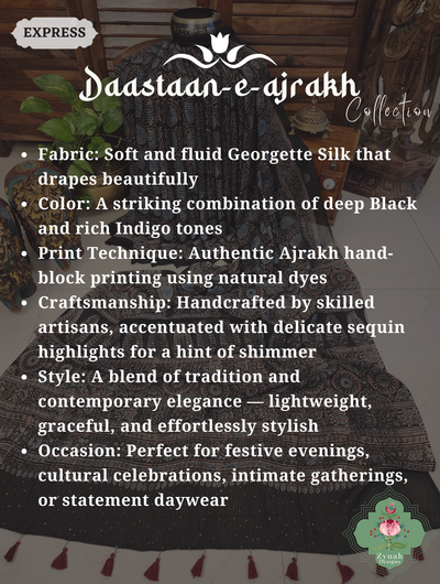 Zynah Black & Indigo Hand-Block Printed Georgette Silk Ajrakh Saree with Sequins Highlight; Custom Stitched/Ready-made Blouse, Fall, Petticoat; SKU: 1004202501