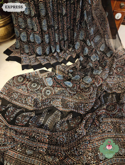 Zynah Black & Indigo Hand-Block Printed Georgette Silk Ajrakh Saree with Sequins Highlight; Custom Stitched/Ready-made Blouse, Fall, Petticoat; SKU: 1004202501