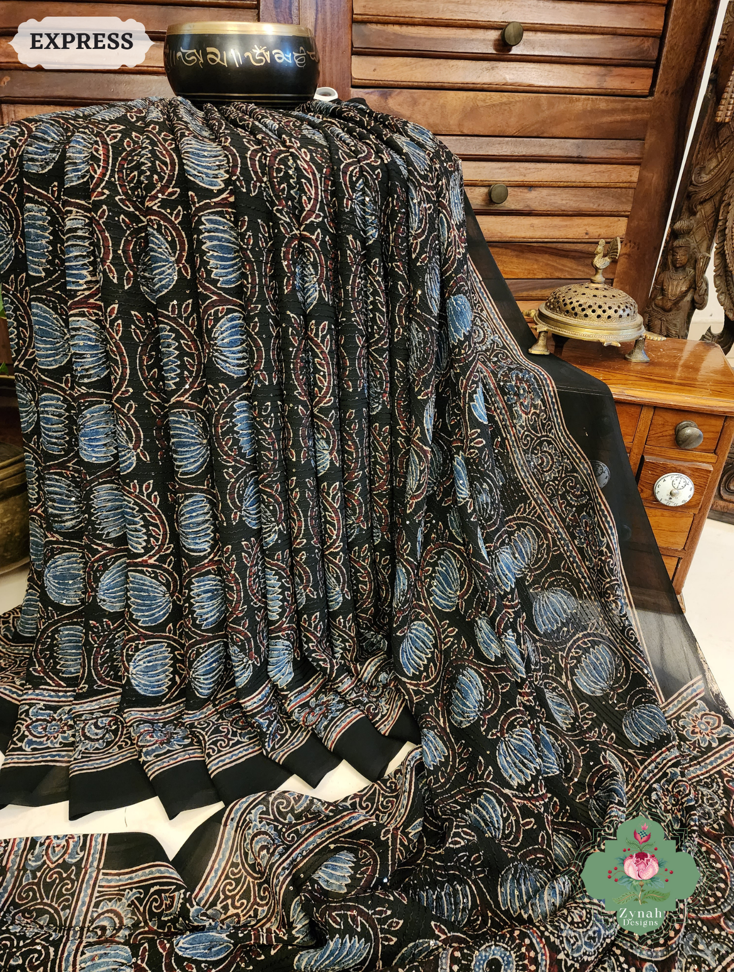 Zynah Black & Indigo Hand-Block Printed Georgette Silk Ajrakh Saree with Sequins Highlight; Custom Stitched/Ready-made Blouse, Fall, Petticoat; SKU: 1004202501