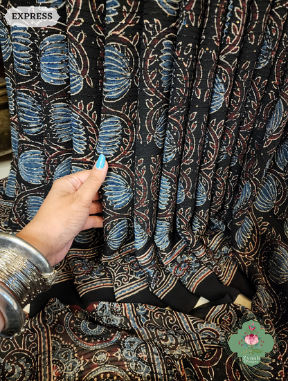 Zynah Black & Indigo Hand-Block Printed Georgette Silk Ajrakh Saree with Sequins Highlight; Custom Stitched/Ready-made Blouse, Fall, Petticoat; SKU: 1004202501