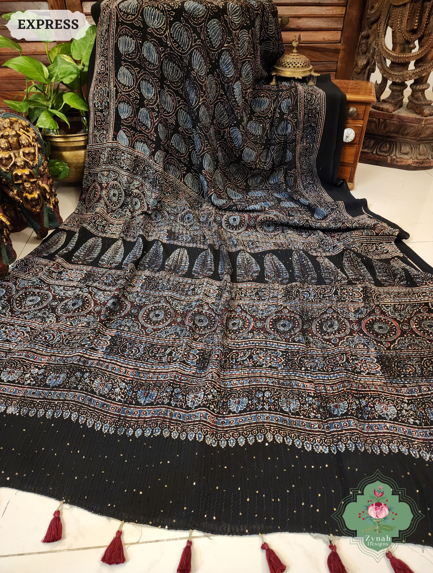 Zynah Black & Indigo Hand-Block Printed Georgette Silk Ajrakh Saree with Sequins Highlight; Custom Stitched/Ready-made Blouse, Fall, Petticoat; SKU: 1004202501