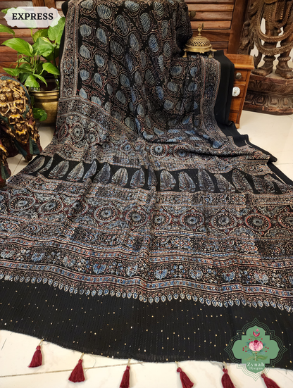 Zynah Black & Indigo Hand-Block Printed Georgette Silk Ajrakh Saree with Sequins Highlight; Custom Stitched/Ready-made Blouse, Fall, Petticoat; SKU: 1004202501