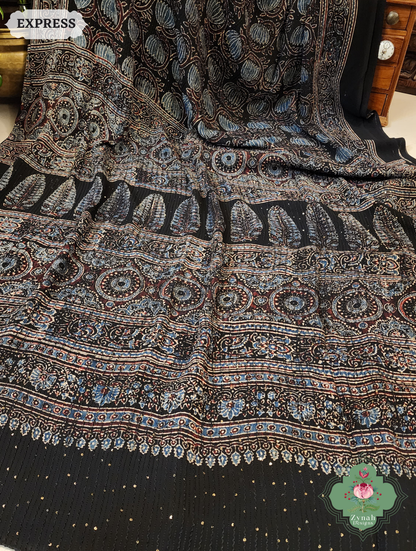 Zynah Black & Indigo Hand-Block Printed Georgette Silk Ajrakh Saree with Sequins Highlight; Custom Stitched/Ready-made Blouse, Fall, Petticoat; SKU: 1004202501