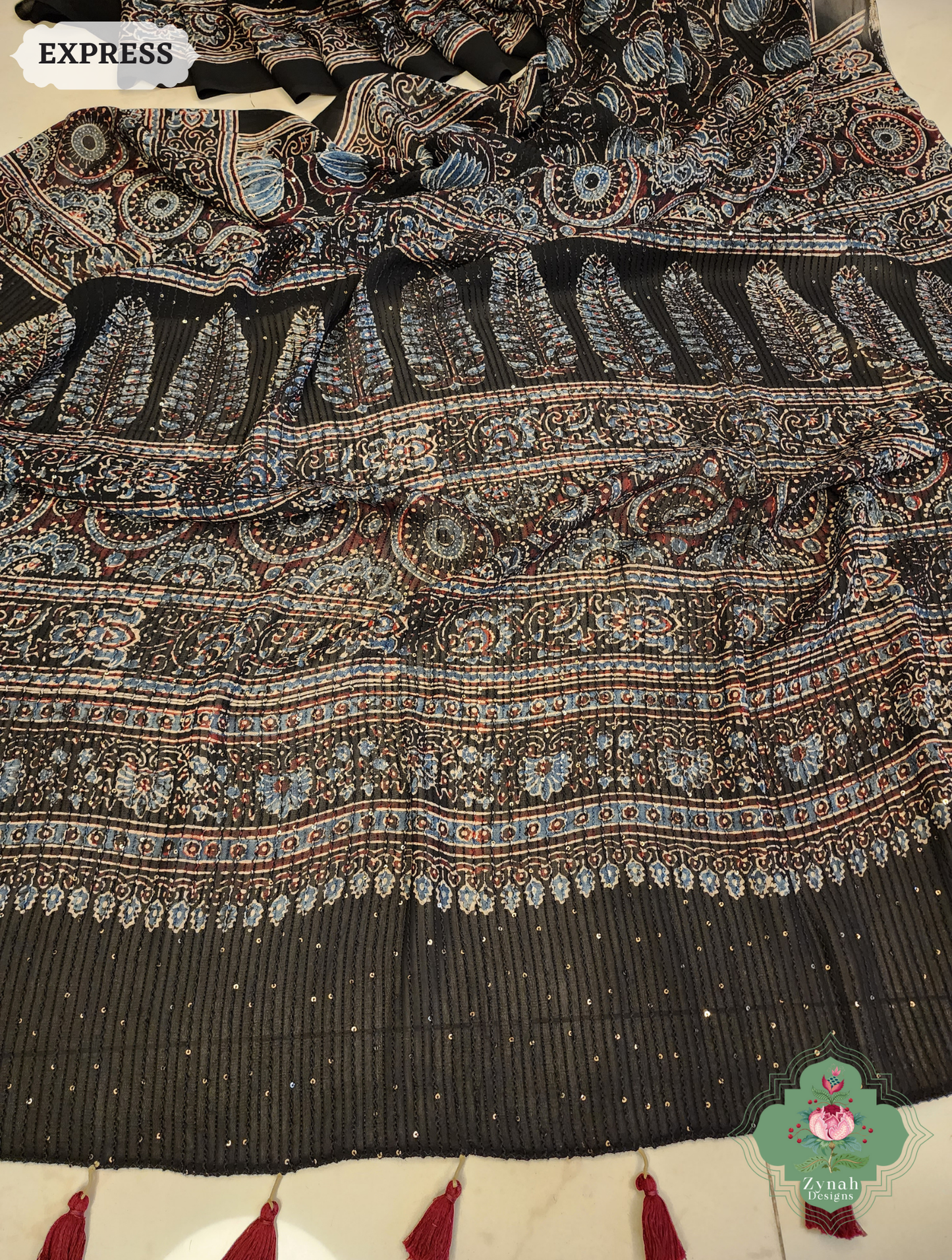 Zynah Black & Indigo Hand-Block Printed Georgette Silk Ajrakh Saree with Sequins Highlight; Custom Stitched/Ready-made Blouse, Fall, Petticoat; SKU: 1004202501