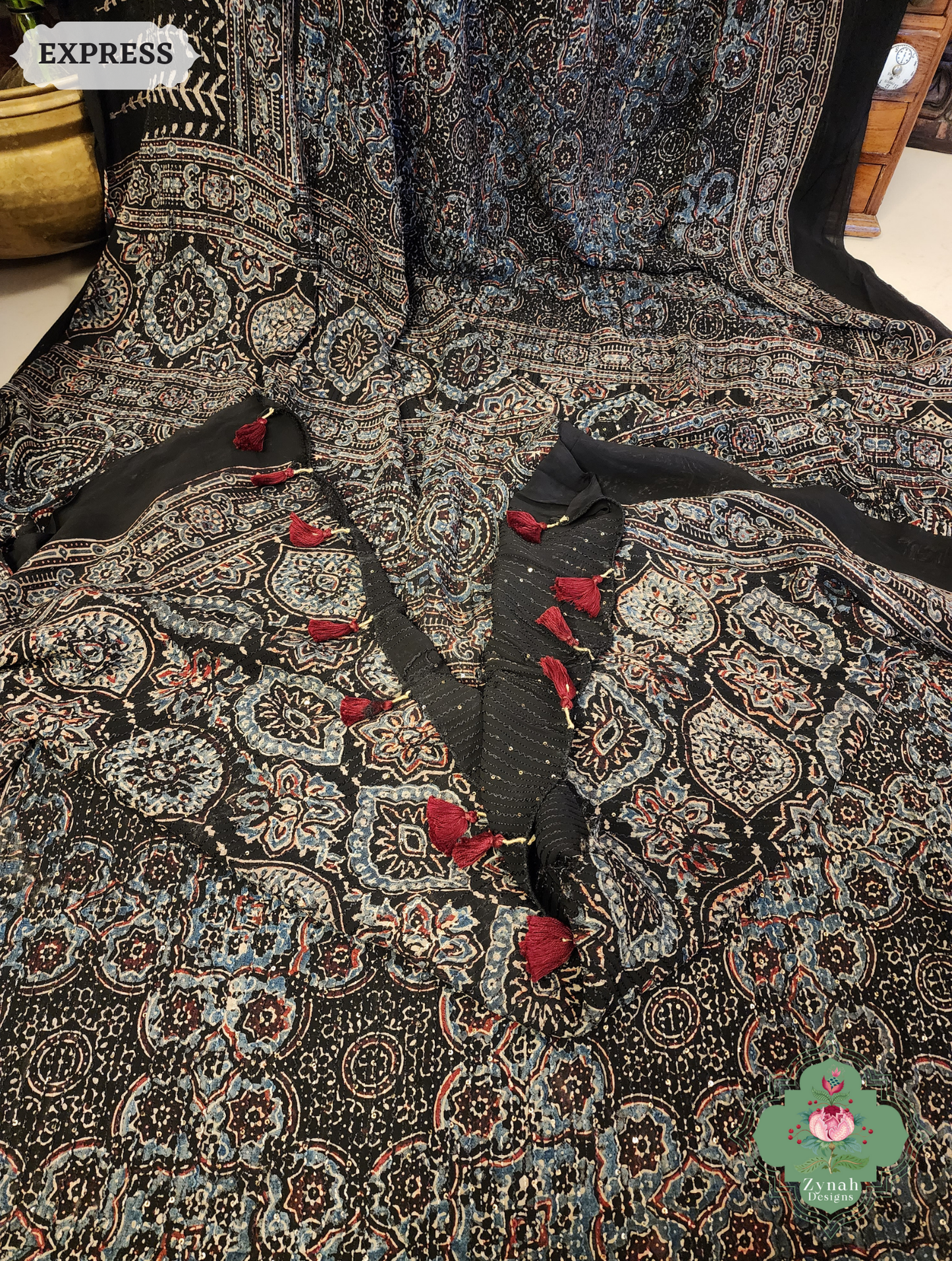 Zynah Black & Indigo Hand-Block Printed Georgette Silk Ajrakh Saree with Sequins Highlight; Custom Stitched/Ready-made Blouse, Fall, Petticoat; SKU: 1004202506