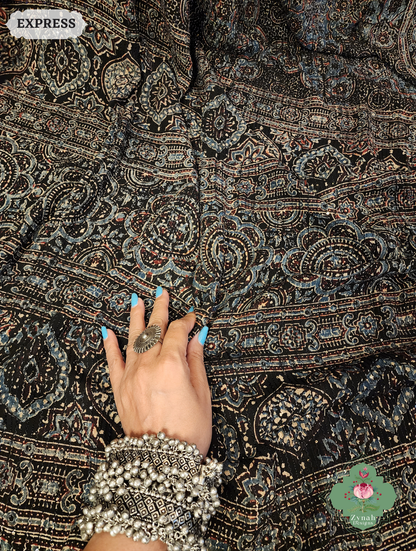 Zynah Black & Indigo Hand-Block Printed Georgette Silk Ajrakh Saree with Sequins Highlight; Custom Stitched/Ready-made Blouse, Fall, Petticoat; SKU: 1004202506