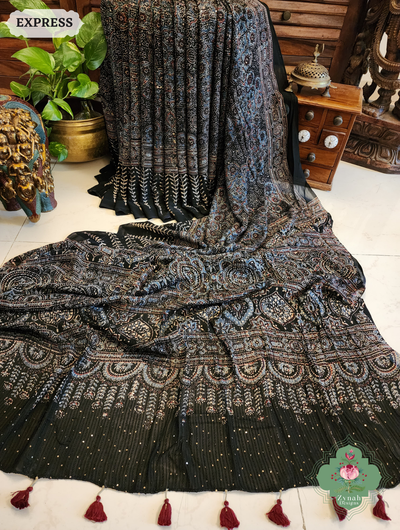Zynah Black & Indigo Hand-Block Printed Georgette Silk Ajrakh Saree with Sequins Highlight; Custom Stitched/Ready-made Blouse, Fall, Petticoat; SKU: 1004202506