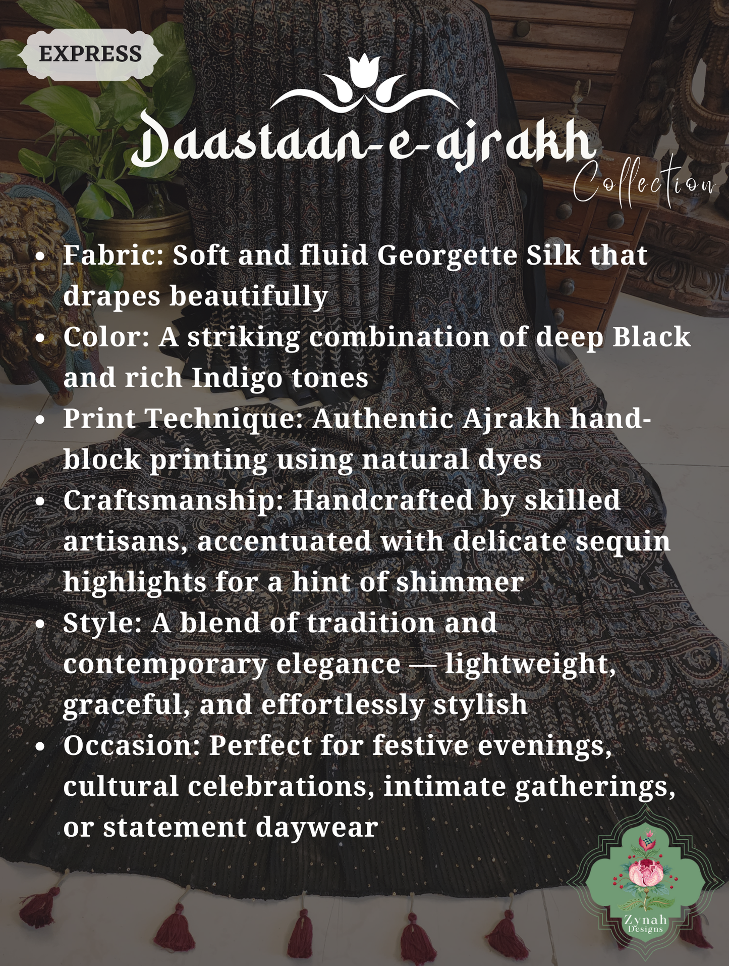 Zynah Black & Indigo Hand-Block Printed Georgette Silk Ajrakh Saree with Sequins Highlight; Custom Stitched/Ready-made Blouse, Fall, Petticoat; SKU: 1004202506