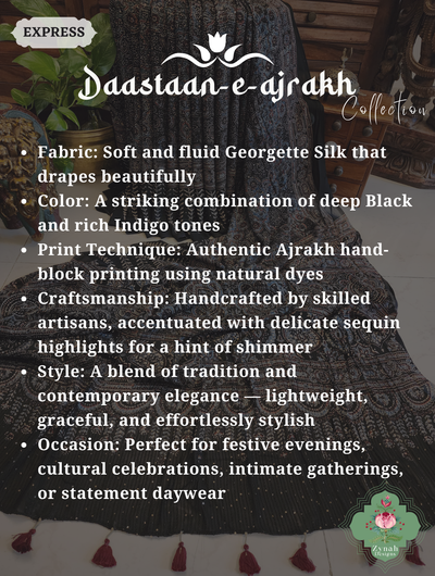 Zynah Black & Indigo Hand-Block Printed Georgette Silk Ajrakh Saree with Sequins Highlight; Custom Stitched/Ready-made Blouse, Fall, Petticoat; SKU: 1004202506