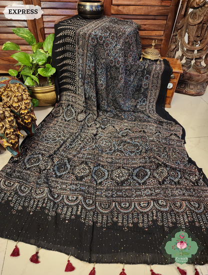Zynah Black & Indigo Hand-Block Printed Georgette Silk Ajrakh Saree with Sequins Highlight; Custom Stitched/Ready-made Blouse, Fall, Petticoat; SKU: 1004202506