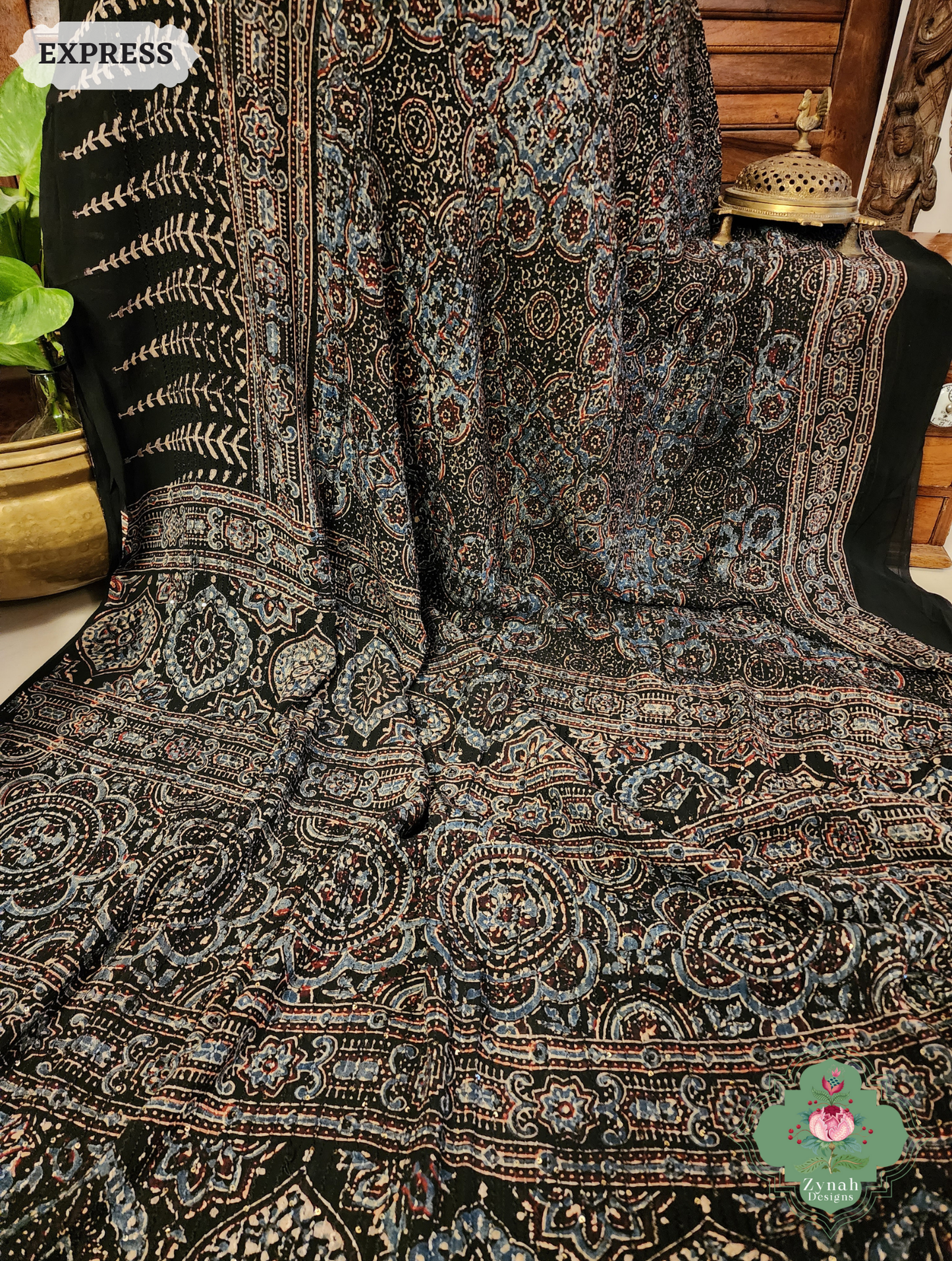 Zynah Black & Indigo Hand-Block Printed Georgette Silk Ajrakh Saree with Sequins Highlight; Custom Stitched/Ready-made Blouse, Fall, Petticoat; SKU: 1004202506