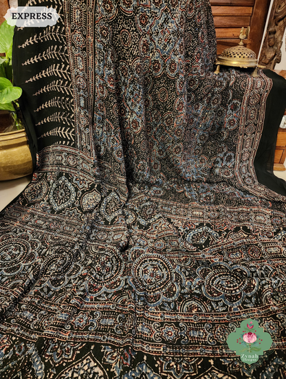 Zynah Black & Indigo Hand-Block Printed Georgette Silk Ajrakh Saree with Sequins Highlight; Custom Stitched/Ready-made Blouse, Fall, Petticoat; SKU: 1004202506